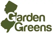 Garden Greens logo with New Jersey outline, green text. Eco-friendly business branding.