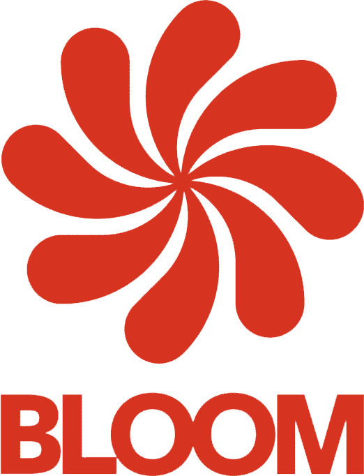 Bloom logo with red petal-like design, symbolizing growth and creativity.