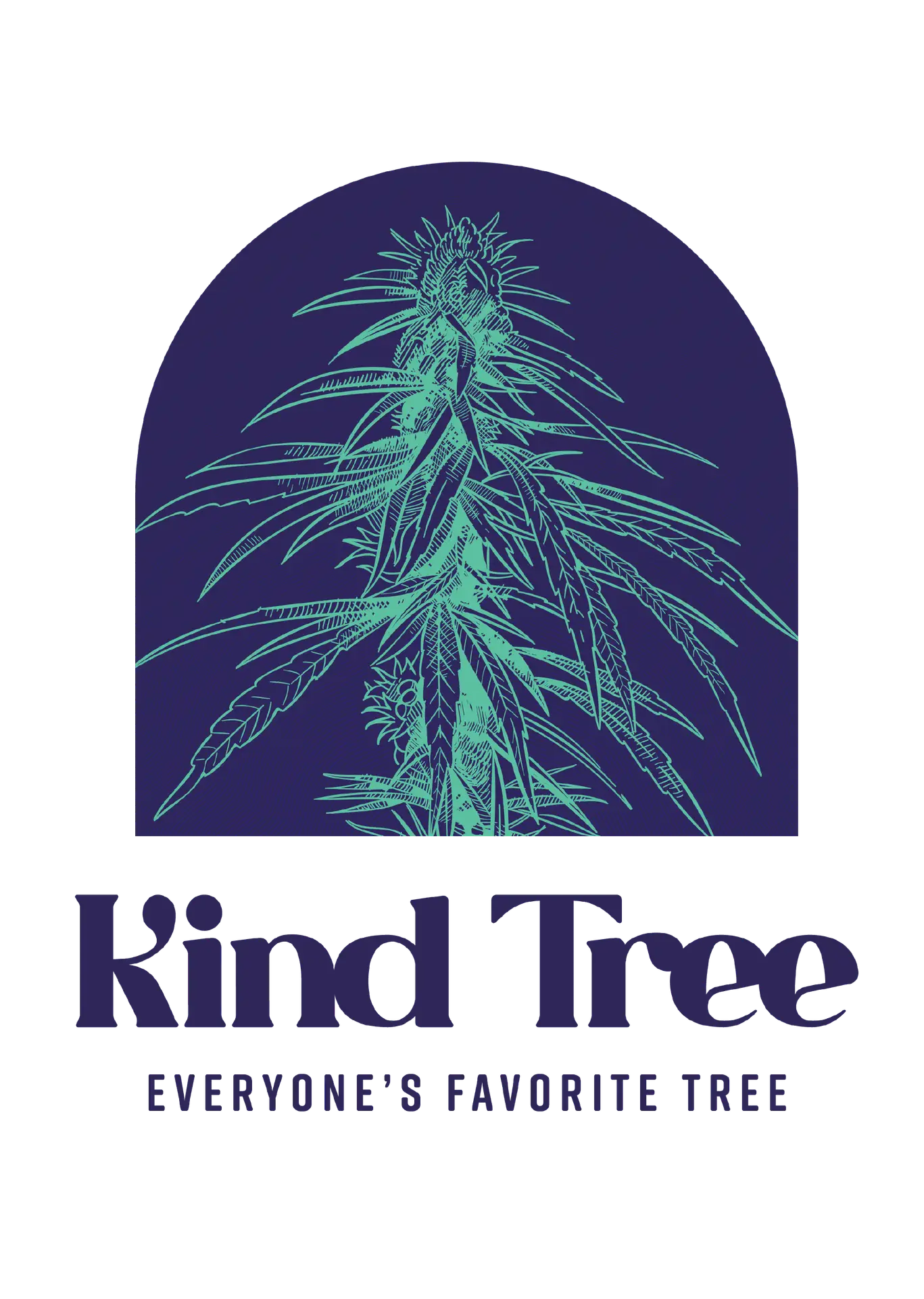 Kind Tree logo with cannabis illustration and tagline 'Everyone's Favorite Tree' in blue and green tones.