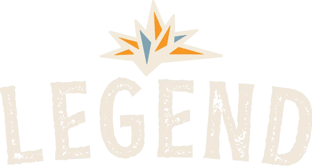 Legend logo with geometric starburst design, orange and blue accents for branding inspiration.
