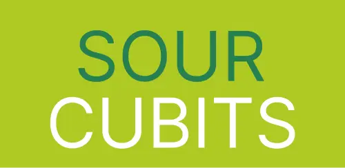 Sour Cubits logo on green background, bold text design for brand identity and marketing appeal.