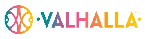 Colorful Valhalla logo with circle emblem, vibrant brand identity, gradient design elements