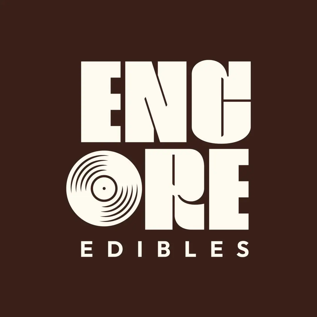 Encore Edibles logo featuring bold typography with a vinyl record design on a dark background.