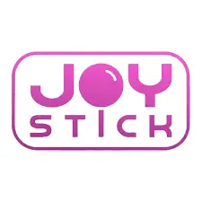 Pink Joystick logo, modern font, gaming brand identity, fun and interactive design element.