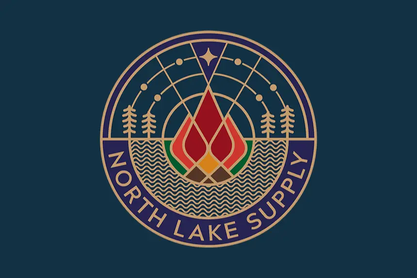 North Lake Supply logo with campfire, trees, and stars in a circular design. Camping and outdoor supplies branding.