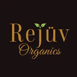 Rejuv Organics logo featuring elegant lettering and a green leaf symbol, representing natural and organic products.