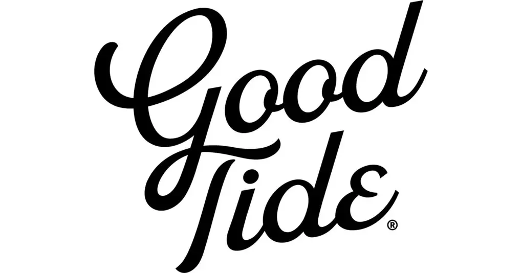 Good Tide logo with black cursive lettering on a white background, representing ocean-inspired brand identity.