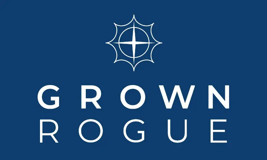 Grown Rogue logo with a star graphic on blue background, cannabis brand identity and design.