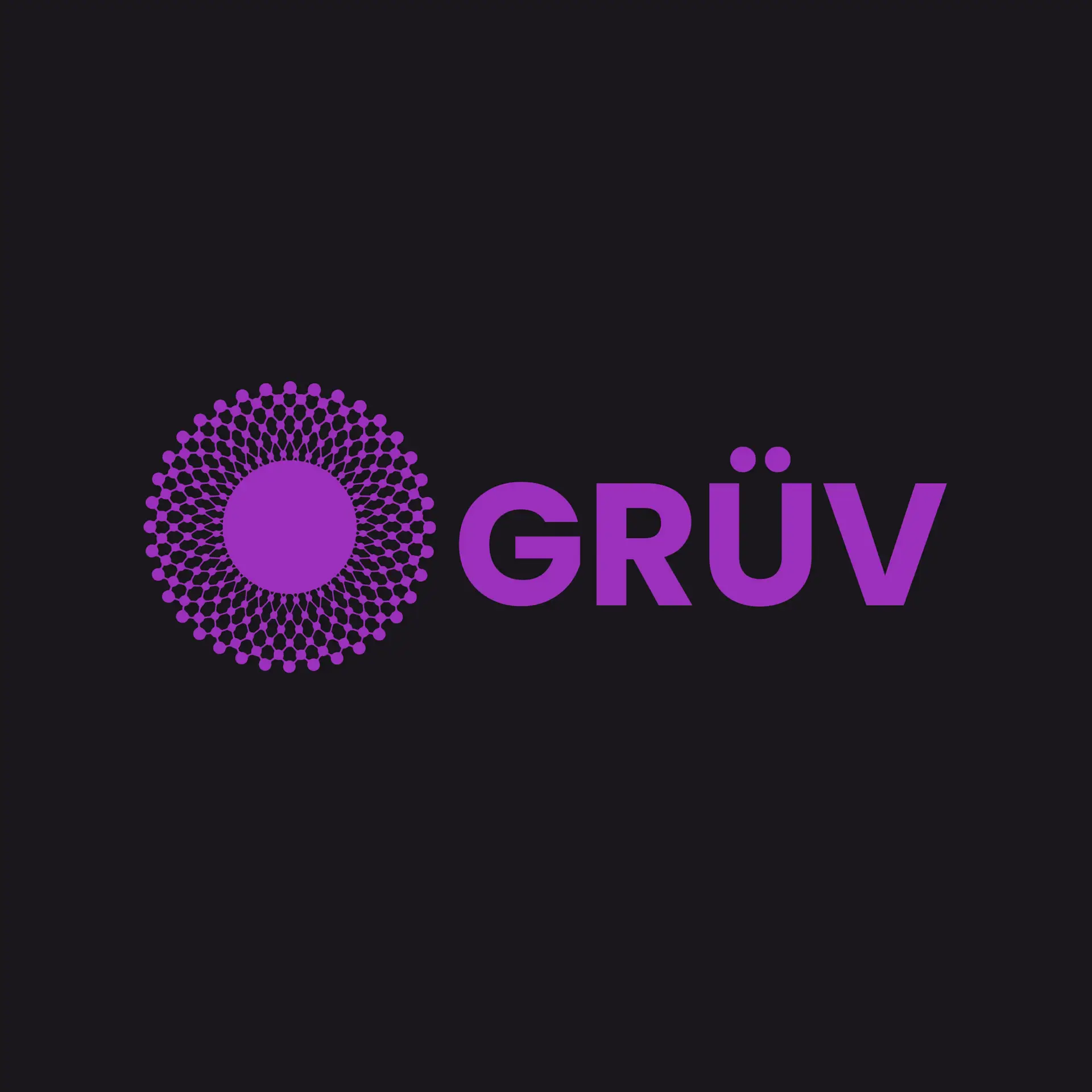 Purple GRÜV logo with circular geometric design on black background. Modern branding and graphic design concept.