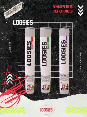 Loosies cannabis packaging for whole flower kief enhanced products, featuring red, green, and purple labels.
