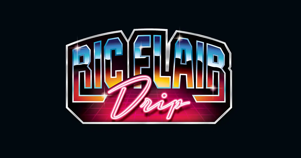 Ric Flair Drip neon logo with retro gradient text on dark background, music-themed design for branding and merchandise.