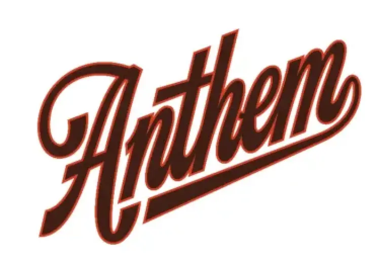 Anthem logo in stylish red script font, tilted design, brand identity image.