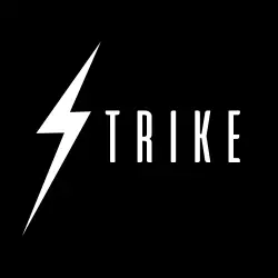 Strike logo with bold lightning bolt on black background, representing power and energy for branding solutions.