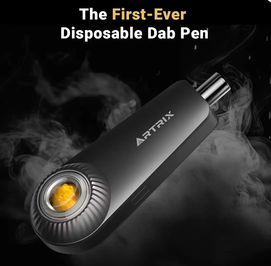 Disposable dab pen in use, emitting vapor. First-ever innovative design for convenient vaping experience.