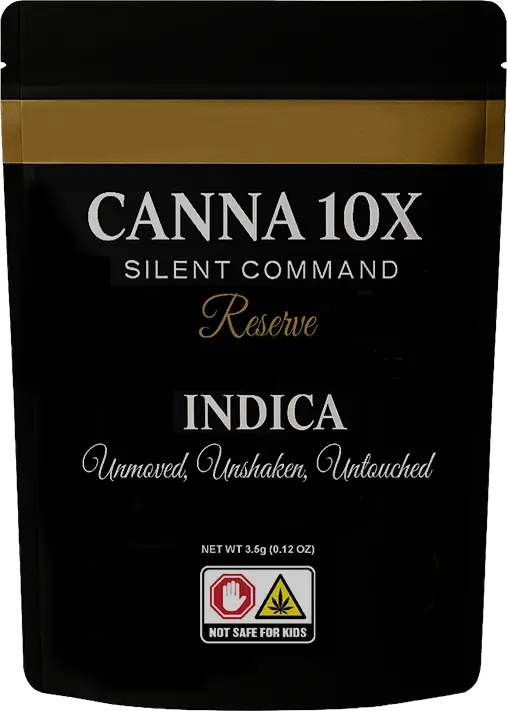 Canna 10X Indica Reserve packaging, premium cannabis product, 3.5g, not safe for kids, black and gold design.