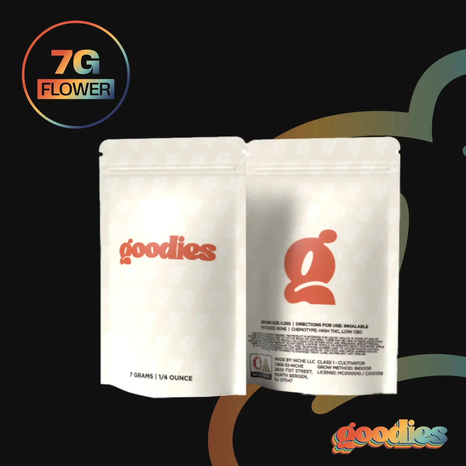 Cannabis packaging with 7G flower label, featuring 'goodies' branding on a sleek black background.