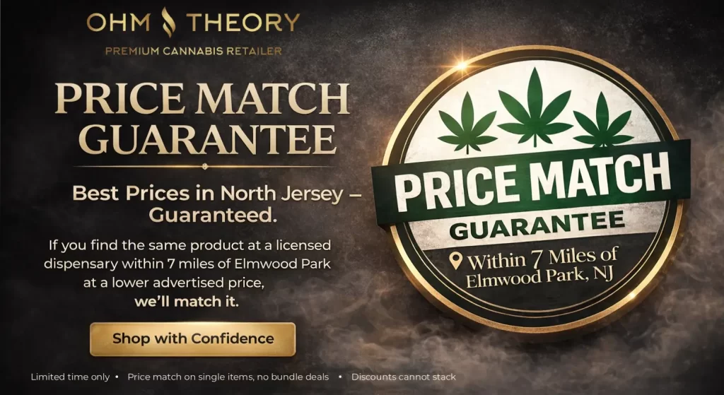 Cannabis retailer offers price match guarantee within 7 miles of Elmwood Park, NJ. Best prices in North Jersey.