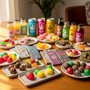 A variety of cannabis edibles including gummies, chocolates, and beverages displayed on a wooden table, appealing to beginners