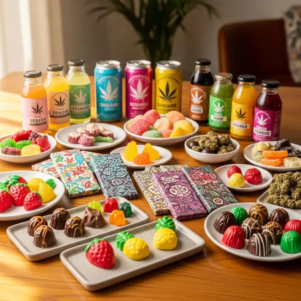 A variety of cannabis edibles including gummies, chocolates, and beverages displayed on a wooden table, appealing to beginners